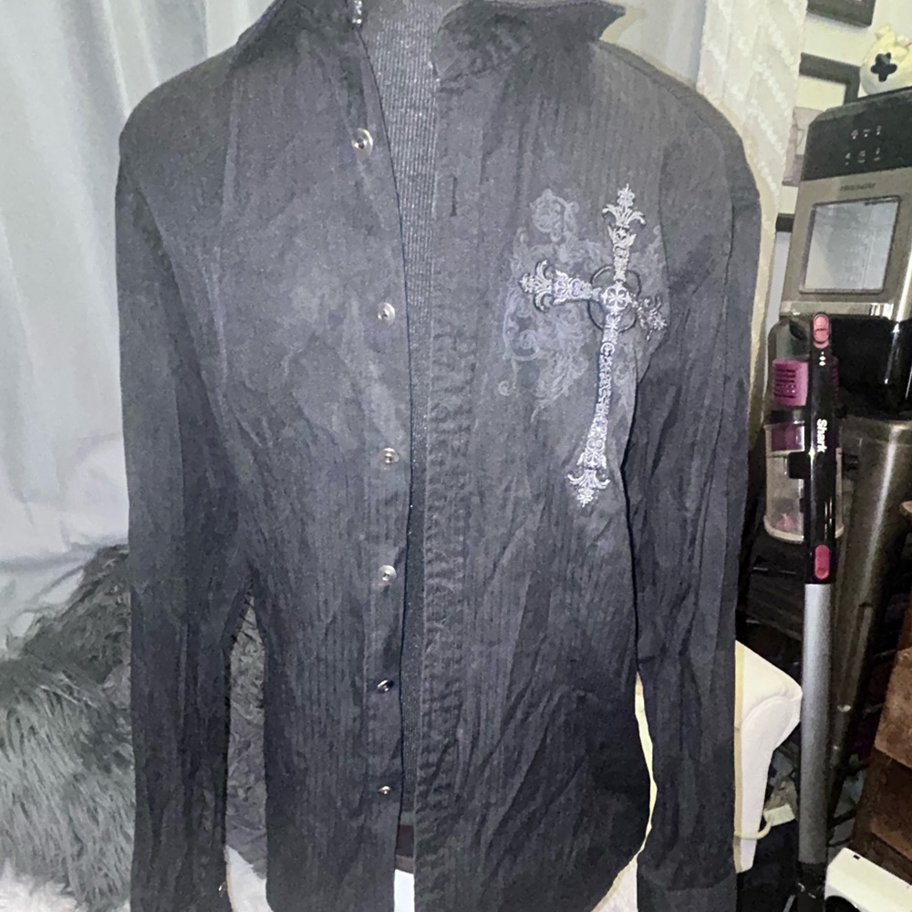Avalon Collection💋 Y2K Vintage Men's Black Cross Button Down Shirt Size S 115